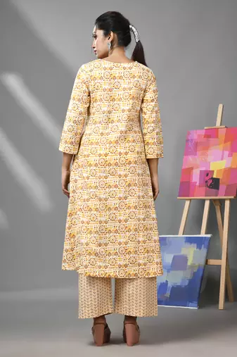 White & mustard yellow cotton kurta with ethnic prints