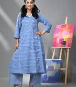 Blue cotton kurta with ethnic prints