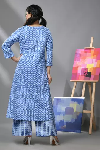 Blue cotton kurta with ethnic prints