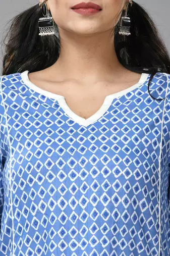 Blue cotton kurta with ethnic prints
