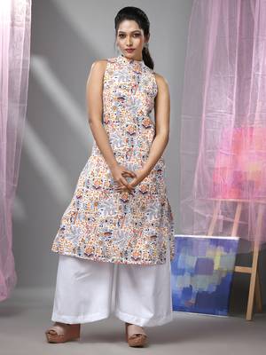 White cotton halter neck tribal printed kurta 1