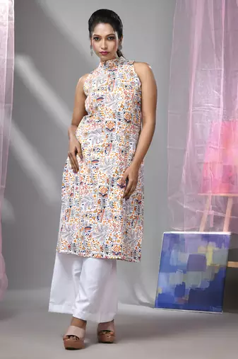 White cotton halter neck tribal printed kurta