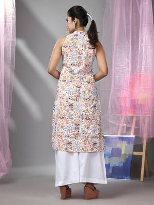 White cotton halter neck tribal printed kurta 4