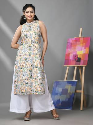 White cotton halter neck tribal printed kurta 1