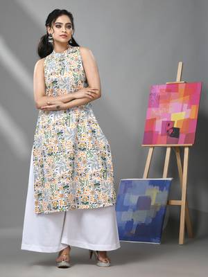 White cotton halter neck tribal printed kurta 2