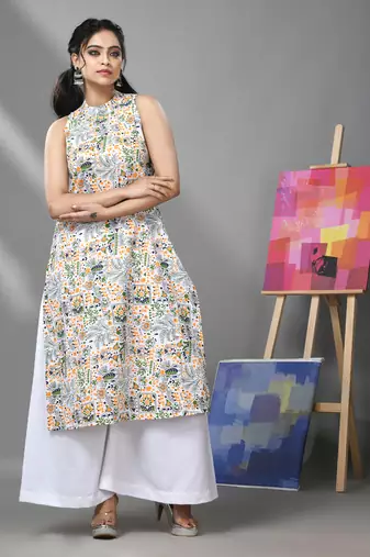 White cotton halter neck tribal printed kurta