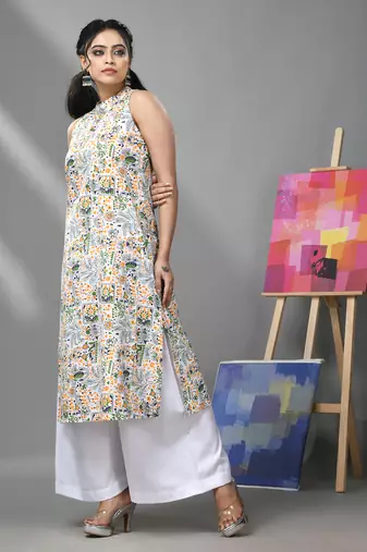 White cotton halter neck tribal printed kurta