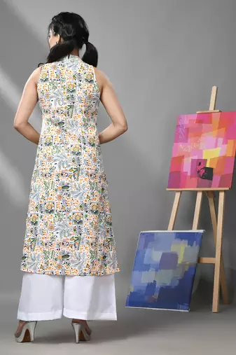 White cotton halter neck tribal printed kurta