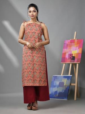 Red cotton paisley printed kurta with noodle straps 1