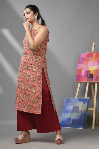 Red cotton paisley printed kurta with noodle straps