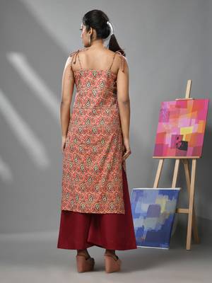 Red cotton paisley printed kurta with noodle straps 4