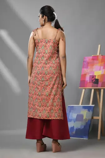 Red cotton paisley printed kurta with noodle straps