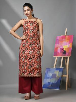 Dark red cotton floral printed kurta with noodle straps 1