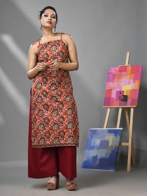 Dark red cotton floral printed kurta with noodle straps 2