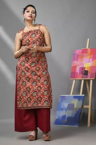 Dark red cotton floral printed kurta with noodle straps