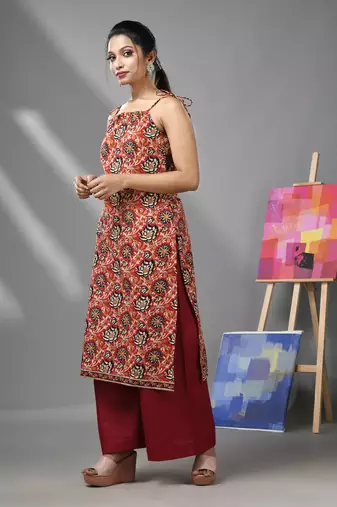 Dark red cotton floral printed kurta with noodle straps
