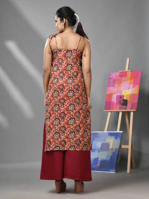Dark red cotton floral printed kurta with noodle straps 4
