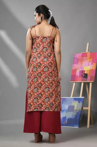 Dark red cotton floral printed kurta with noodle straps