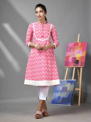 Pink & white cotton floral printed kurta 1