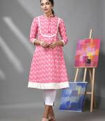 Pink & white cotton floral printed kurta