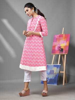 Pink & white cotton floral printed kurta 3