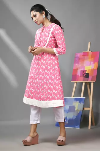 Pink & white cotton floral printed kurta
