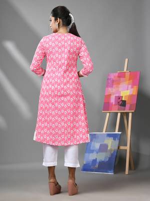 Pink & white cotton floral printed kurta 4