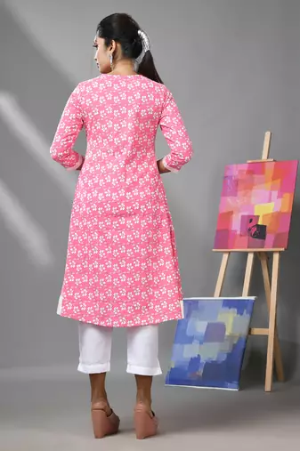 Pink & white cotton floral printed kurta