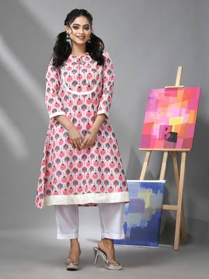 Cream & white cotton floral printed kurta 2