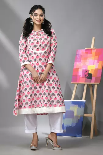 Cream & white cotton floral printed kurta