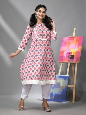 Cream & white cotton floral printed kurta 3