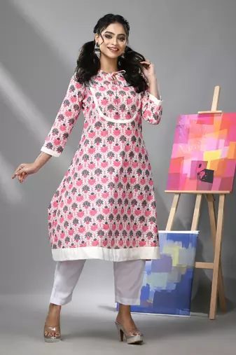 Cream & white cotton floral printed kurta