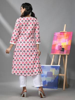 Cream & white cotton floral printed kurta 4