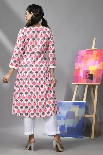 Cream & white cotton floral printed kurta