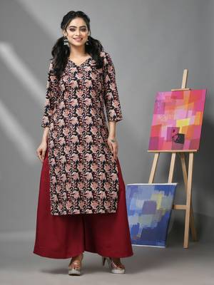 Black & maroon cotton floral printed kurta 1
