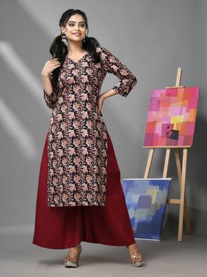 Black & maroon cotton floral printed kurta 2
