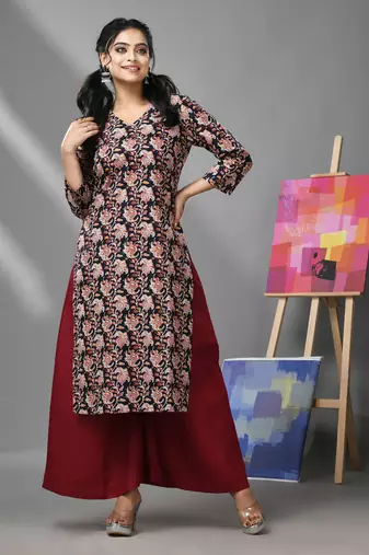 Black & maroon cotton floral printed kurta