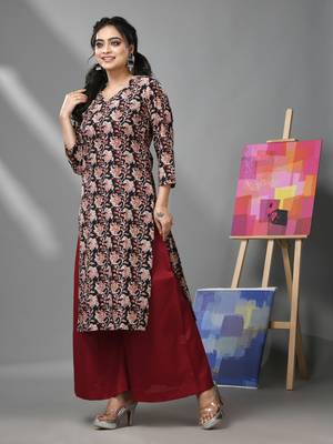 Black & maroon cotton floral printed kurta 3