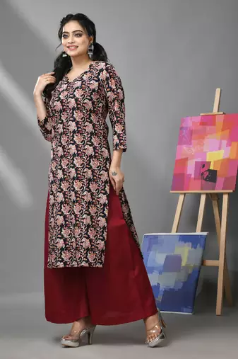 Black & maroon cotton floral printed kurta