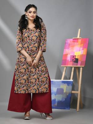 Black & maroon cotton paisley printed kurta 1