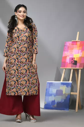 Black & maroon cotton paisley printed kurta