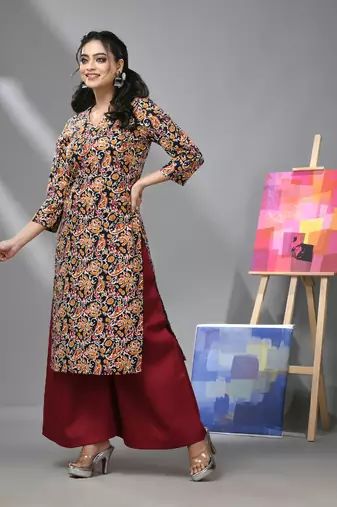 Black & maroon cotton paisley printed kurta