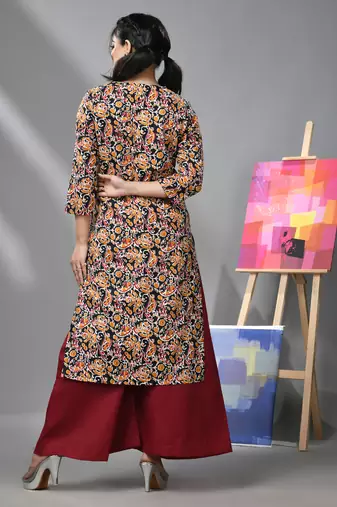Black & maroon cotton paisley printed kurta