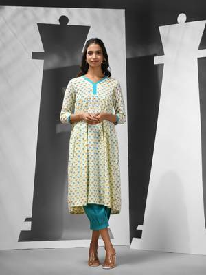 Off white cotton kurta with printed motifs 1