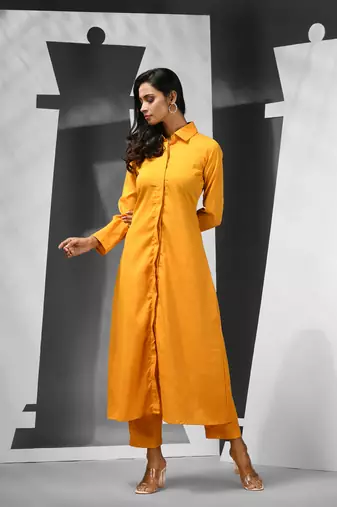 Yellow silk blend solid kurta