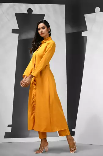 Yellow silk blend solid kurta