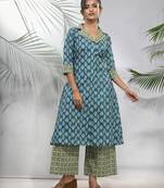 Sapphire blue cotton floral printed a-line kurta