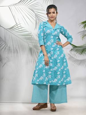 Sky blue cotton floral printed a-line kurta 1