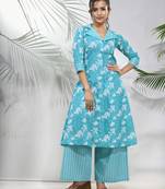 Sky blue cotton floral printed a-line kurta