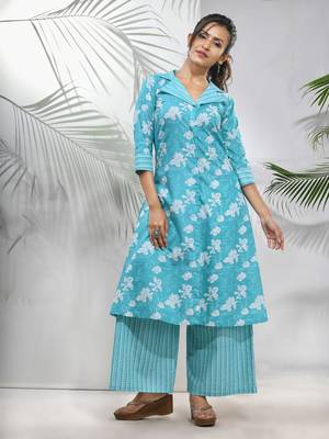 Sky blue cotton floral printed a-line kurta 2